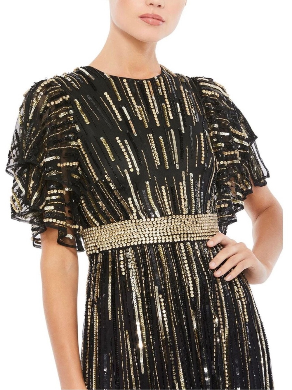 Mac Duggal 93582 Belted Embellished Headed Sequin Short Sleeve Wedding MOB Gown - Picture 3 of 12